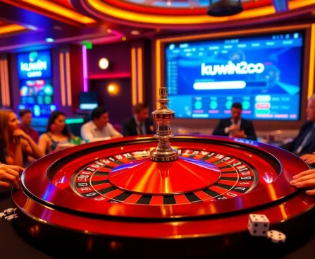 Experience luxury gaming at kuwin2.co with roulette, poker chips, and a vibrant atmosphere.