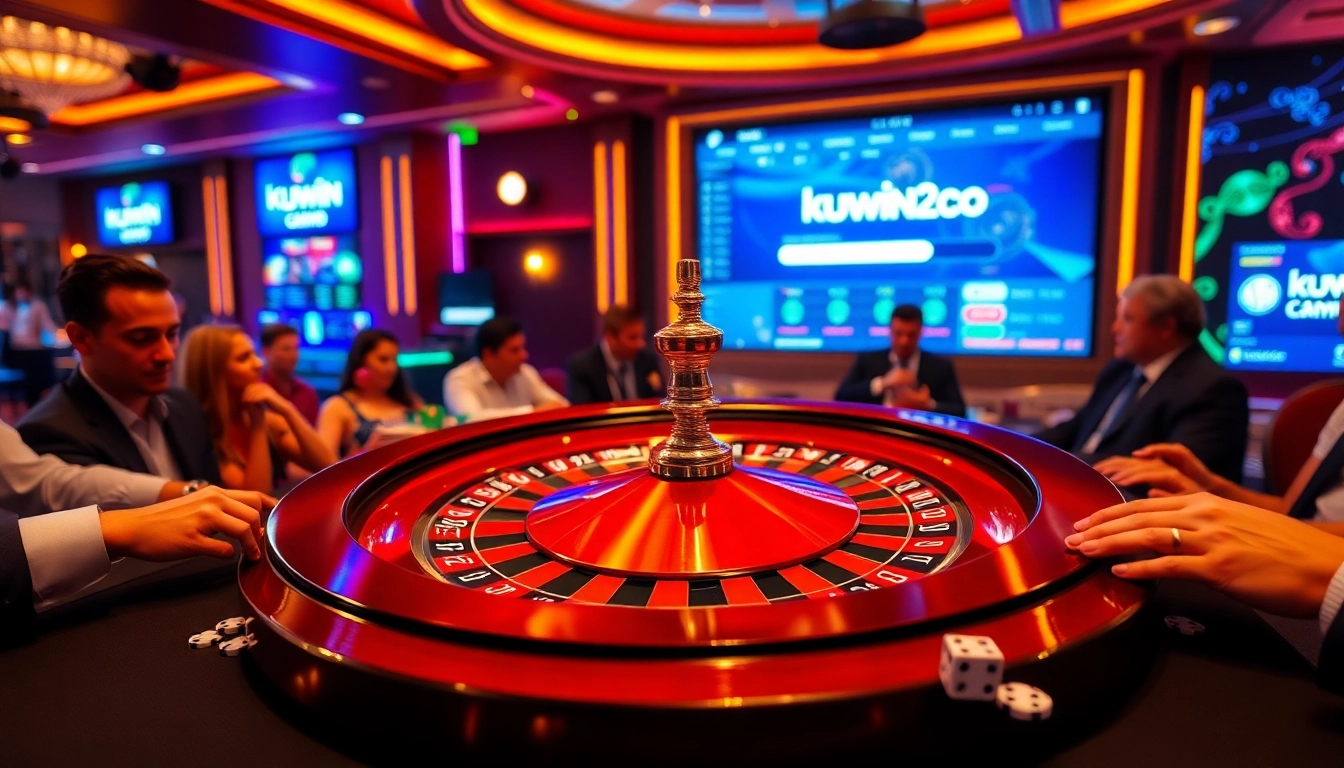 Experience luxury gaming at kuwin2.co with roulette, poker chips, and a vibrant atmosphere.