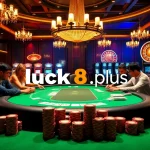 A vibrant poker scene with players at the table showcasing chips and cards at https://luck8.plus/ casino thrilling action.