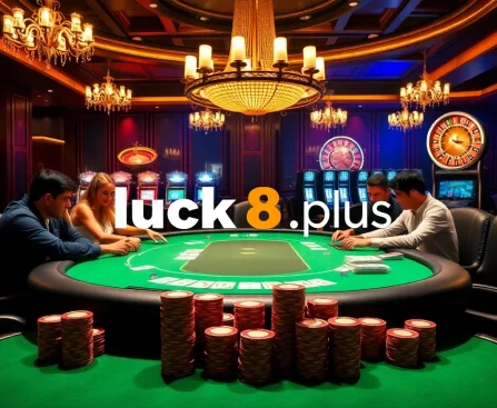 A vibrant poker scene with players at the table showcasing chips and cards at https://luck8.plus/ casino thrilling action.