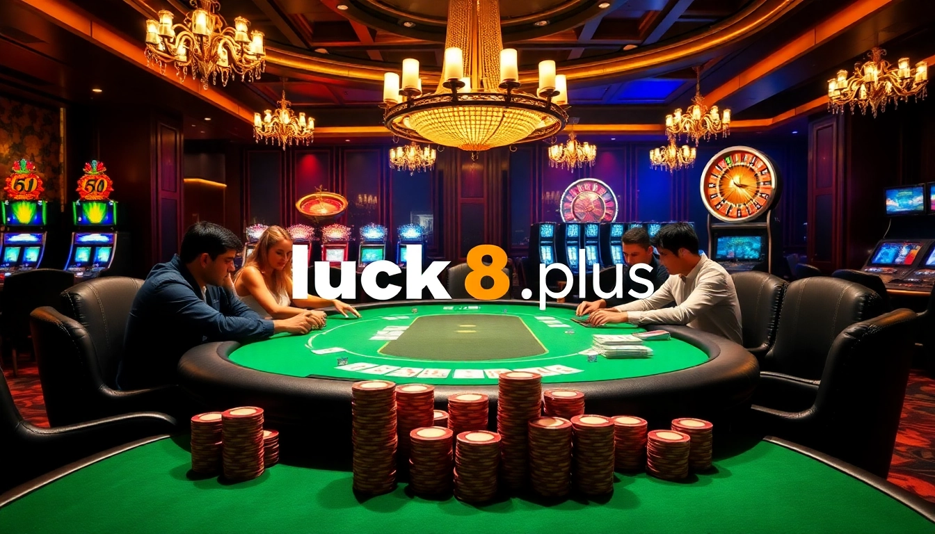 A vibrant poker scene with players at the table showcasing chips and cards at https://luck8.plus/ casino thrilling action.