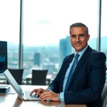 Headhunter Schweiz verhandelt in modernem Büro mit Swiss Skyline im Hintergrund.