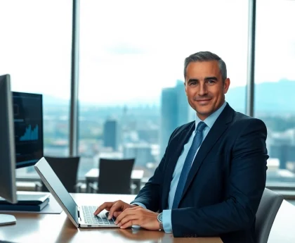 Headhunter Schweiz verhandelt in modernem Büro mit Swiss Skyline im Hintergrund.