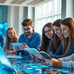 Dynamic workspace with young adults aged 18+ engaging with innovative AI technology.