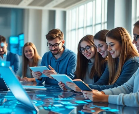 Dynamic workspace with young adults aged 18+ engaging with innovative AI technology.