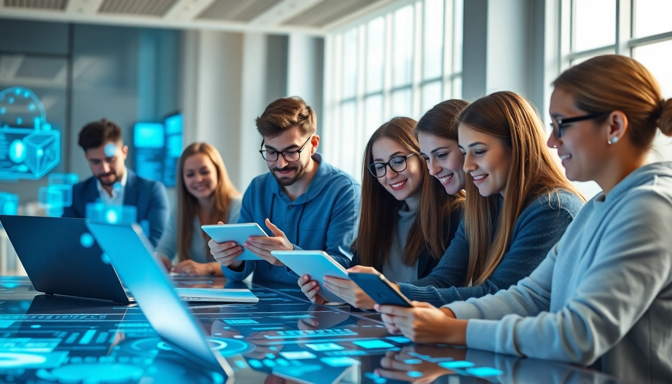 Dynamic workspace with young adults aged 18+ engaging with innovative AI technology.