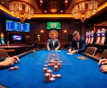 X88 casino scene featuring a high-stakes poker game with professional players and vibrant atmosphere.