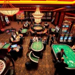 Engaging casino scene with players at MM88 COM, featuring roulette wheel and vibrant slot machines.