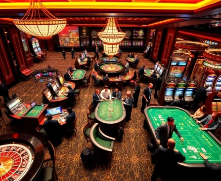 Engaging casino scene with players at MM88 COM, featuring roulette wheel and vibrant slot machines.
