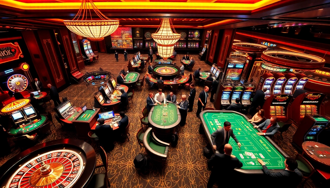 Engaging casino scene with players at MM88 COM, featuring roulette wheel and vibrant slot machines.