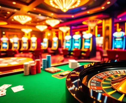 Experience the thrill of gamebaidoithuong with vibrant casino tables and spinning roulette wheels.