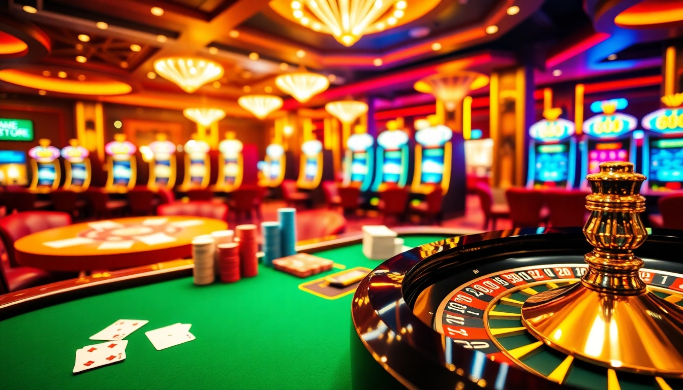 Experience the thrill of gamebaidoithuong with vibrant casino tables and spinning roulette wheels.