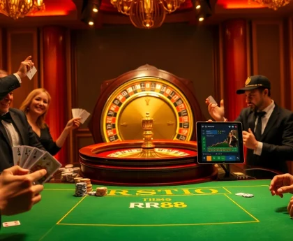 Exciting RR88 casino scene showcasing players at a betting table and a roulette wheel.