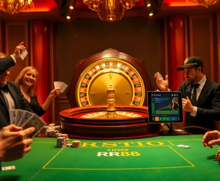 Exciting RR88 casino scene showcasing players at a betting table and a roulette wheel.
