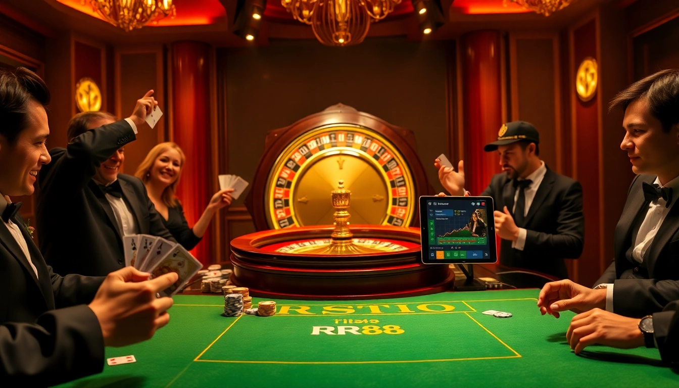 Exciting RR88 casino scene showcasing players at a betting table and a roulette wheel.