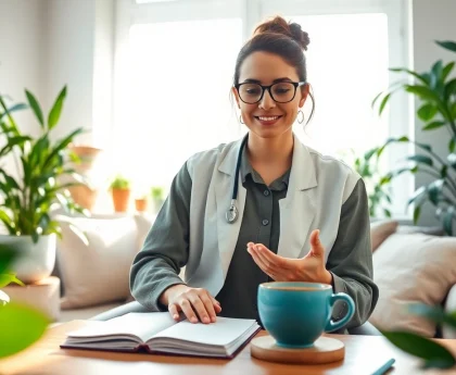 Promote mental health awareness with a peaceful therapist's office filled with calming elements.