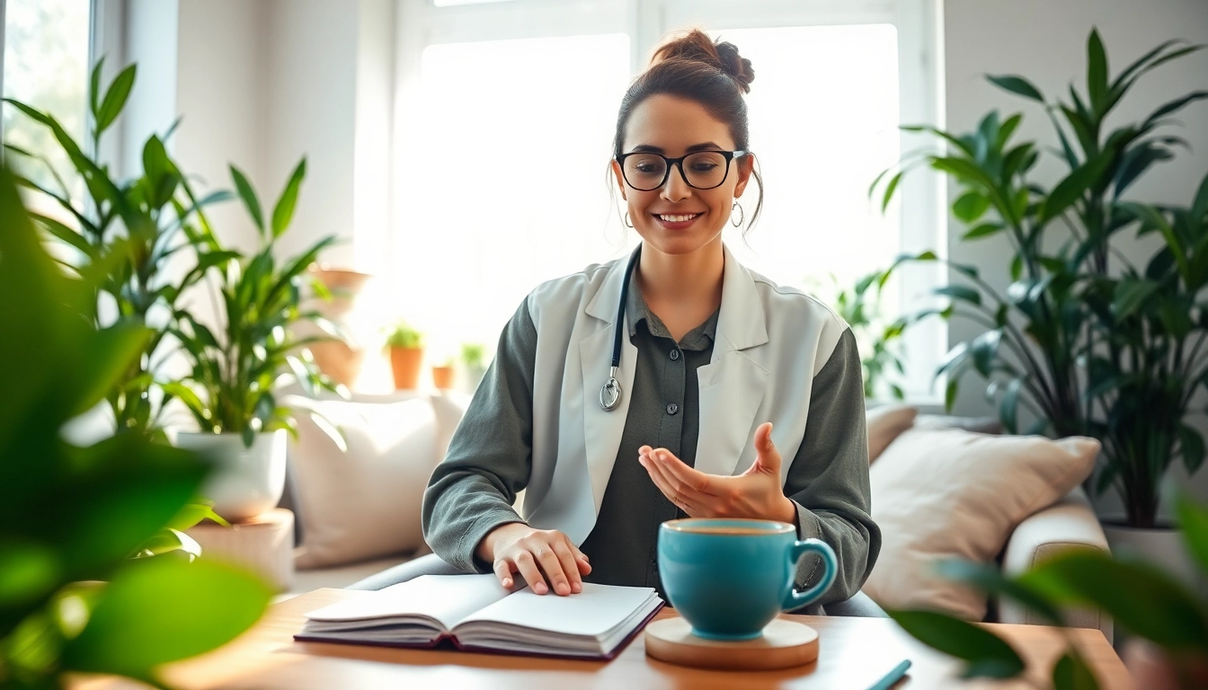 Promote mental health awareness with a peaceful therapist's office filled with calming elements.