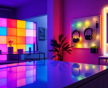 Nanoleaf Blocks Bewertung Deutsch - Atemberaubende RGB-Beleuchtungspanels, die in moderne Wohnkultur integriert sind.