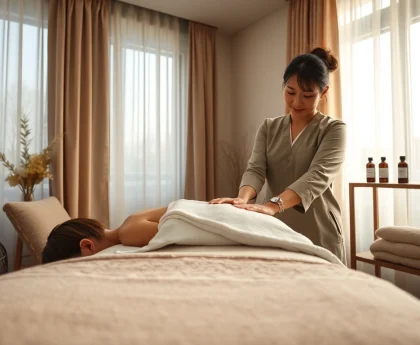 전문 치료사가 진행하는 편안한 홈 마사지 모습을 보여주는 평택 출장마사지 서비스