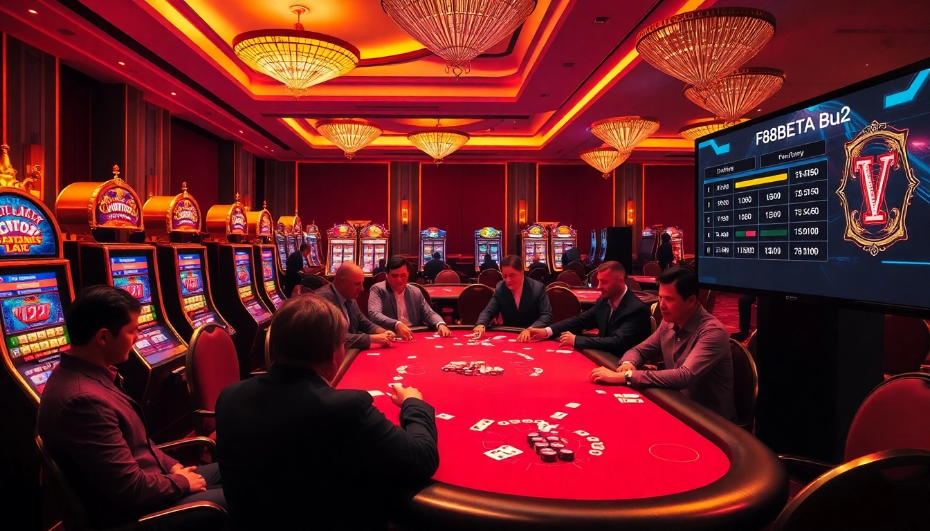 Experience high-stakes action at F8BETA2, featuring luxurious casino tables and vibrant slot machines.