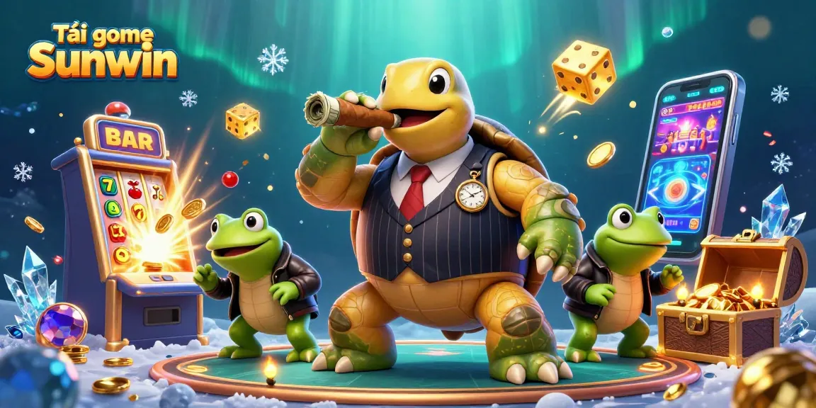 Tải game Sunwin with a vibrant 3D turtle mobster and slot machine bursting coins, capturing the energetic casino vibe.