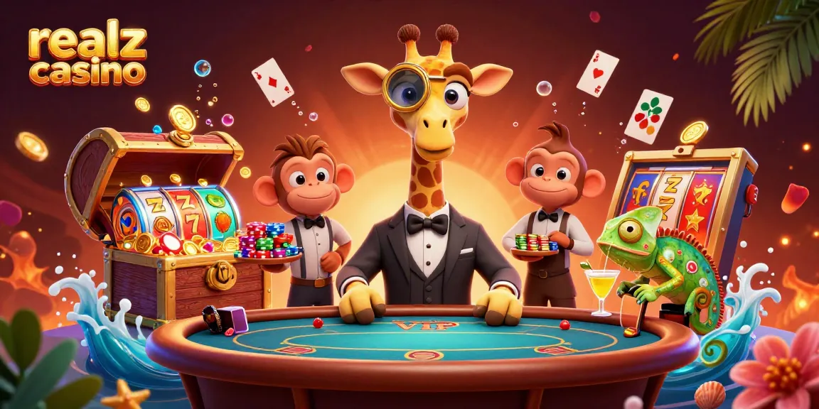 Join the excitement at realz casino with a high-roller giraffe and friends in a vibrant gaming scene.