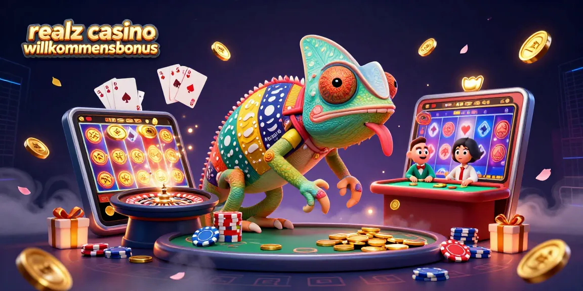 Erlebe den realz casino Willkommensbonus mit bunten Spielautomaten und einem chamäleonartigen Casinobesitzer.