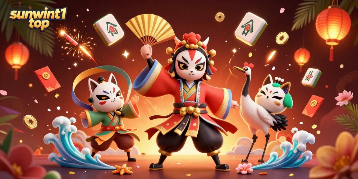 Engage with the vibrant world of sunwint1 top, a charming scene featuring 3D kabuki characters amidst gambling elements.