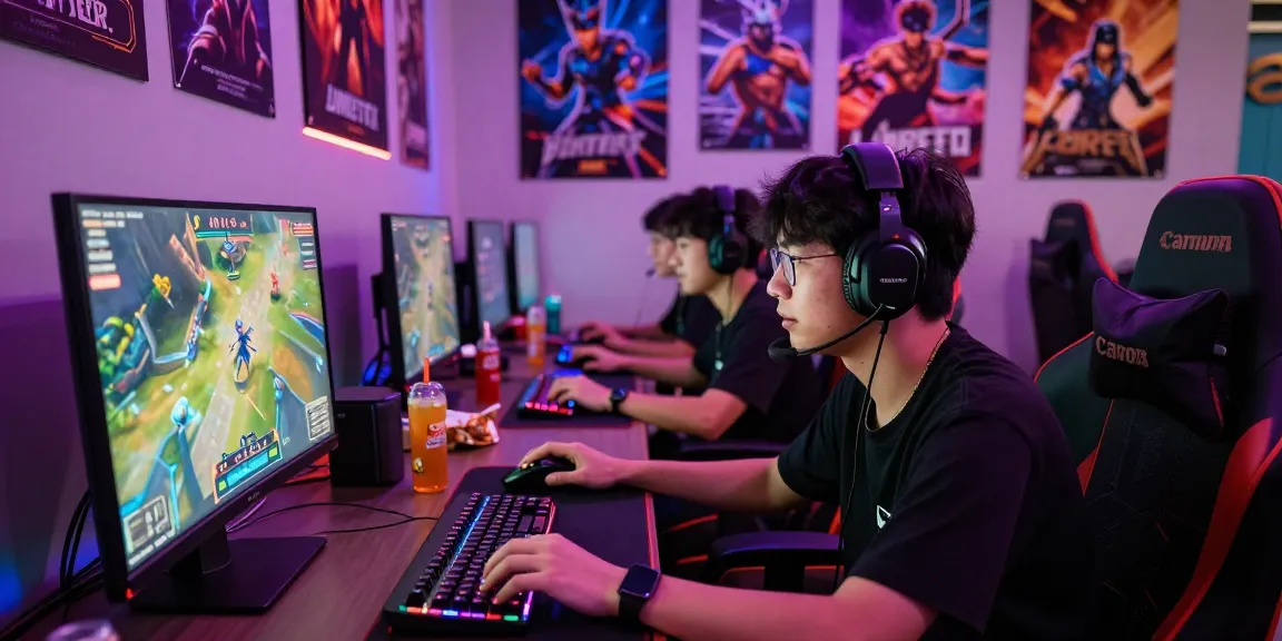 บรรยากาศการเล่นเกมออนไลน์ playme8 saba ในห้องเล่นเกมที่มีแสงไฟ LED สว่างสดใส