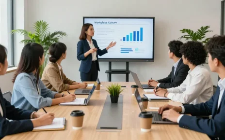 Besprechung zur Verbesserung der schlechten Arbeitskultur in einem modernen Büro mit engagierten Mitarbeitern.